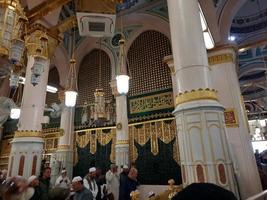 Medina, Saudi Arabia, Dec 2022 - Beautiful night view of Rawdah in Masjid Al Nabawi, Madinah. photo