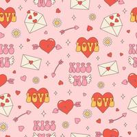 Groovy hippie día de San Valentín de patrones sin fisuras. fondo romántico de moda con corazones en estilo de dibujos animados retro de los años 70-80. textura de fondo de vacaciones del día de san valentín para imprimir en textiles. vector