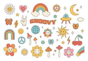 maravilloso conjunto hippie de los años 70. flor de dibujos animados divertidos, arco iris, paz, amor, corazón, margarita, hongo, etc. paquete de pegatinas en estilo de dibujos animados psicodélicos retro de moda. vector