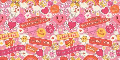 Vintage seamless pattern for Valentine's Day with stickers, comic characters and hearts. Funky background with patches, tags and quotes in trendy retro 60s 70s cartoon style. Aesthetics Y2K. vector