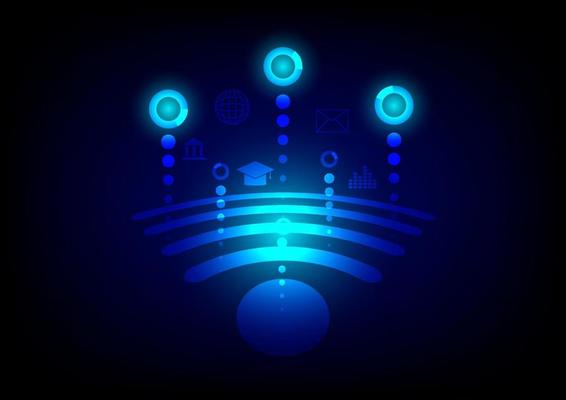 Business and technology concept. Wifi symbol, wireless networking digital hi-tech innovation with communication icons such as email, education, and high-speed internet on the futuristic background.