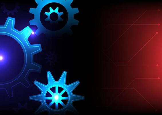 Business and technology concept. Cogs and gear wheel mechanisms on blue and red backgrounds. Hi-tech digital technology and engineering.