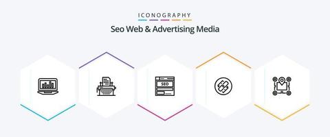 seo web y medios publicitarios paquete de iconos de 25 líneas que incluye url. Enlace. publicar. tecnología alojamiento vector