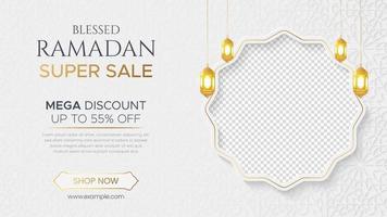 Ramadan Kareem Luxury Sale Banner, Islamic Ornament Lantern Background, Ramadan sale social media post with empty space for photo