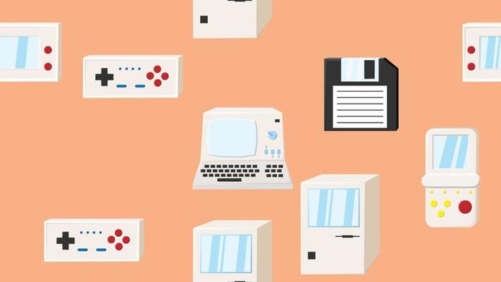Seamless pattern endless with electronics and technology computer game consoles old retro vintage hipster from 70s, 80s, 90s isolated on yellow background. Vector illustration