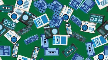 Seamless pattern endless with music audio tech electronics equipment old retro vintage hipster from 70s, 80s, 90s isolated on green background. Vector illustration