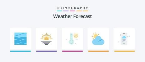 Paquete de 5 íconos de clima plano que incluye. lluvioso. caliente. clima. clima. diseño de iconos creativos vector