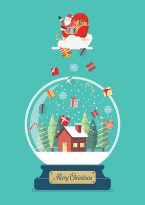 Merry christmas glass ball with Santa in sledge with gift boxes falling to winter house