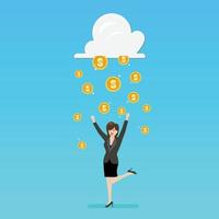 Success business woman with cloud and money rain vector