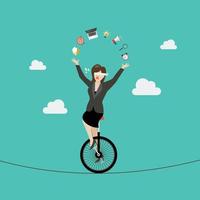 Blind business woman riding unicycle on a wire vector