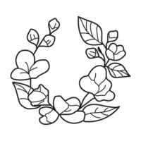 poner corona floral con hojas y bayas, elemento de diseño de corona de laurel, mano simple dibujada para invitación de boda, tarjeta de saludo, flores aisladas en fondo blanco. vector