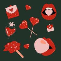 conjunto de lindas pegatinas de amor vectorial para planificador diario y diario sobre fondo oscuro. colección de elementos de diseño de scrapbooking para el día de san valentín. paquete de iconos de vector plano romántico.