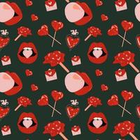 Seamless Pattern with Set of cute vector love stickers for daily planner and diary on dark background. Collection of scrapbooking design elements for valentines day. Romantic flat vector icons pack.
