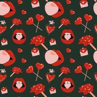 Seamless Pattern with Set of cute vector love stickers for daily planner and diary on dark background. Collection of scrapbooking design elements for valentines day. Romantic flat vector icons pack.