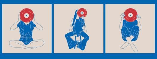 la chica sostiene un viejo disco de vinilo en sus manos. estilo de moda retro de los años 80. conjunto de tres ilustraciones vectoriales dibujadas a mano en azul y rojo. póster, impresión, plantillas de logotipo vector