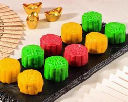 Colorful Snow Skin Moon Cake, Sweet Mochi Mooncake, Traditional Chinese Dessert