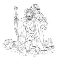 Saint Christopher Carrying Child Jesus Crossing River Medieval Style Line Art Drawing vector