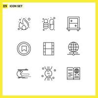 Modern Set of 9 Outlines Pictograph of filam video window user plus Editable Vector Design Elements