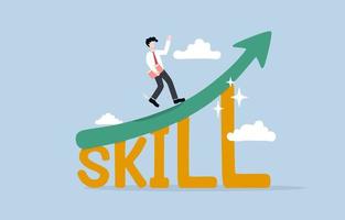 Skill development for career growth, aspiration to being more professional at work concept, businessman stepping up on growing graph over word skill. vector