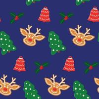 Seamless Christmas pattern with gingerbread cookies, tree, bell, mistletoe vector