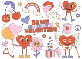 Trendy groovy valentines day sticker set. Retro valentines day. 70s 60s aesthetics. Vintage comic vector. vector