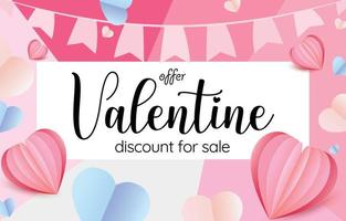 Valentine's sale Paper cut elements in shape of heart flying on frame and discount for sale on pink background. Vector symbols of love for Happy Valentines Day. greeting card design.