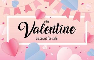Valentine's sale Paper cut elements in shape of heart flying on frame and discount for sale on pink background. Vector symbols of love for Happy Valentines Day. greeting card design.