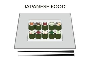 A set of vector icons of delicious colored sushi rolls. Traditional Japanese cuisine. Asian seafood group. Flat style.