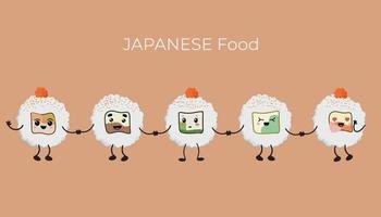 ilustración vectorial de onigiri al estilo de kawaii. comida rápida japonesa hecha de arroz con un relleno en forma de triángulo de algas nori vector