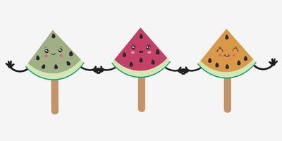 Fruit Ice Cream on a stick in the shape of a watermelon. Fun at sea. Vector illustration isolated on a white background.