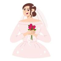 hermosa novia con un vestido de novia moderno con un ramo de rosas en un estilo plano vector