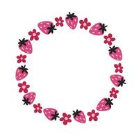 Round frame with magenta flowers and strawberries in a flat style vector