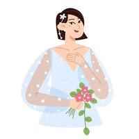 Beautiful bride in trendy wedding dress with a bouquet of flowers in a flat style vector