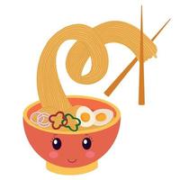 A kawaii-style dish with oriental noodles. Asian noodles isolated on a white background, image of a traditional Chinese ramen restaurant with pasta and chopsticks, vector illustration.