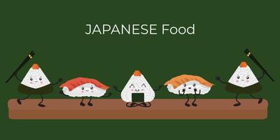 Vector illustration of Onigiri and sushi in the style of kawaii. Japanese fast food made of rice stuffed in the form of a triangle of nori seaweed.