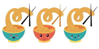 A set of dishes in the style of kawaii with oriental noodles. Asian noodles isolated on a white background vector