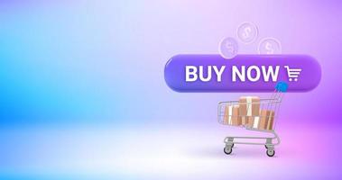 Buy now concept with button and shopping trolley. Vector 3d banner with copy space