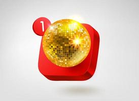 Gold glass disco ball on red button. 3d vector mobile application icon