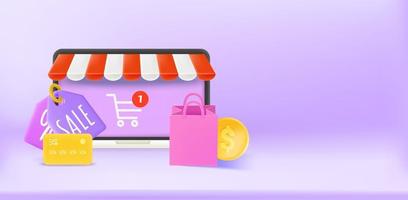 Web shopping concept with laptop, bag, card and shopping tags. 3d vector banner with copy space