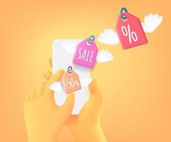 Get discounts in internet shop via mobile app. 3d vector concept