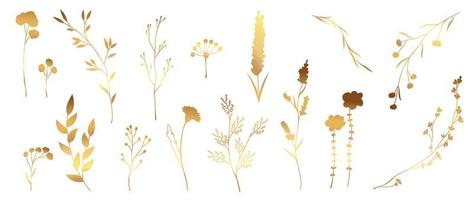 Luxury hand drawn botanical vector set. Collection of abstract gradient golden spring wild flowers, grass, leaf branch in minimal style. Design illustration for logo, wedding, invitation, decoration