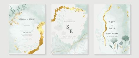 fondo de tarjeta de invitación de boda de lujo con plantilla de arte de línea de textura dorada. flor de acuarela y fondo de rama de hoja botánica. ilustración de diseño para boda y plantilla de portada vip, banner. vector