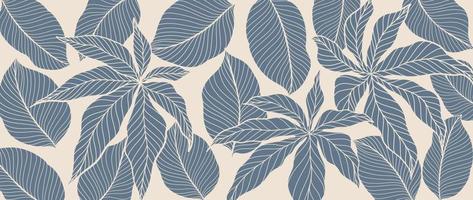 Ilustración de vector de fondo de arte de línea de follaje botánico. hojas de palmeras tropicales dibujando un fondo de patrón de estilo de contorno. diseño para papel pintado, decoración del hogar, embalaje, impresión, afiche, portada, pancarta.