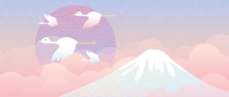 Japanese background vector illustration. Happy new year decoration template pastel color japanese pattern style with crane bird, moon, cloud and mount fuji. Design for card, wallpaper, poster, banner.