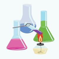 Set for chemical experiments consisting of flasks, test tubes, holder and gas burner. Vector illustration isolated on white background.