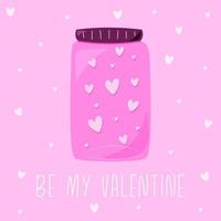 valentines dValentines Day postcard with pink jar fill of hearts. Be my valentineay33 vector