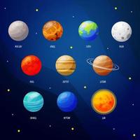 planetas del sistema solar de dibujos animados. astronomía galaxia cósmica espacio. conjunto de pequeños planetas en el cielo con estrellas vector
