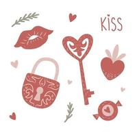 Red keys and locks vector illustration. Heart shaped padlock in hand draw style with funny keys on a white background. Sticker, icon, design element with valentines day