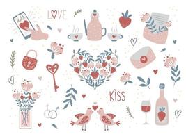 conjunto de elementos de doodle del día de san valentín. regalo, corazón, pájaros, beso, llave, cartas de amor, rosa, dulces y otros para decorar. pegatinas románticas dibujadas a mano vector