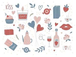 conjunto de elementos de doodle del día de san valentín. regalo, corazón, globo, beso, llave, cartas de amor, rosa, dulces y otros para decorar. pegatinas románticas dibujadas a mano vector